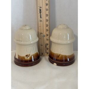 Vintage Brown Drip Glaze Salt Pepper Shakers Floral Crock Pottery Stoneware Pair